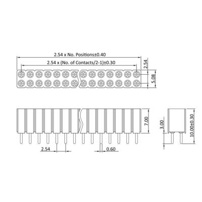 Dessin technique d'un connecteur avec des dimensions précises en millimètres, comprenant les écarts entre les trous et la configuration des broches.