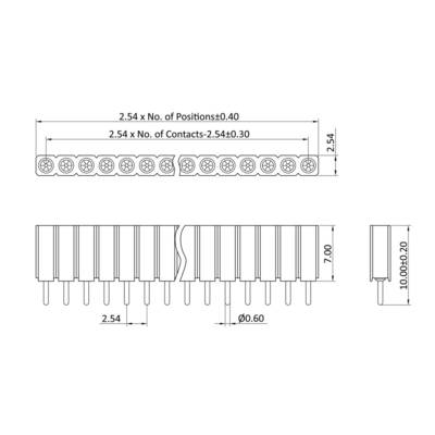 Dessin technique d'un connecteur : 10 broches, pas de grille de 2,54 mm, broches de soudure de 0,60 mm de diamètre, hauteur 10 mm.