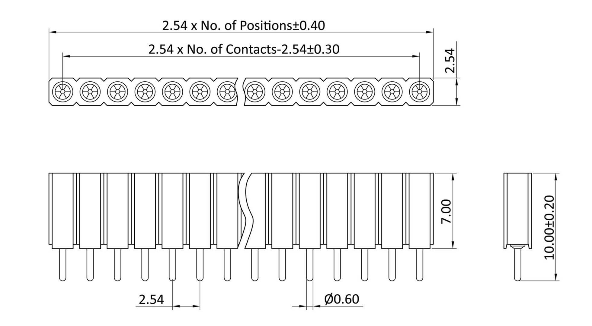 Dessin technique d'une fiche avec dimensions. En haut : Largeur 2,54 x Positions ±0,40. Vue latérale : Hauteur 10,00 ±0,20 et diamètre de broche Ø0,60.