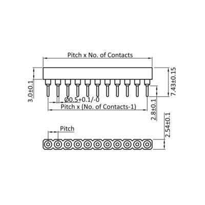 Dessin technique d'un composant électronique avec dimensions : Largeur 3,0±0,1, Hauteur 7,43±0,15, Pas 2,54±0,1. Vue de dessus et vue de côté.