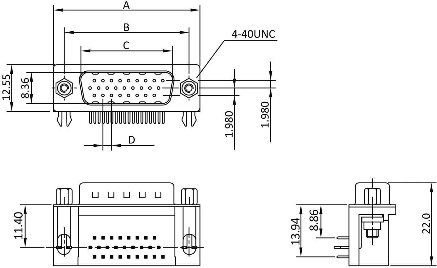 Dessin technique d'un connecteur avec des dimensions en millimètres. Présente les vues de face, de côté et de dessus avec des cotes détaillées.