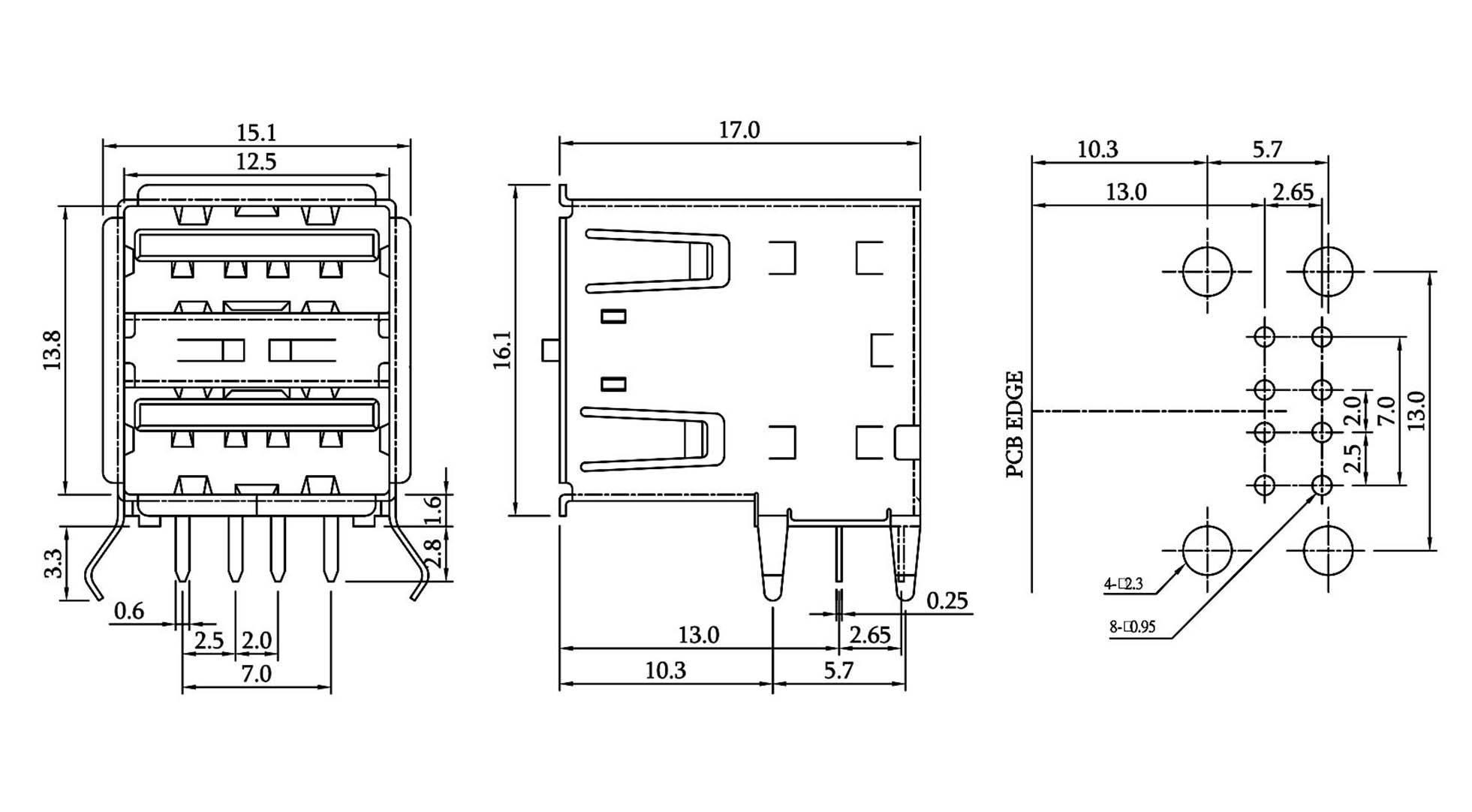 Dessin technique d'un connecteur électrique avec dimensions en millimètres. Vues de face, latérale et de dessus sont présentées.