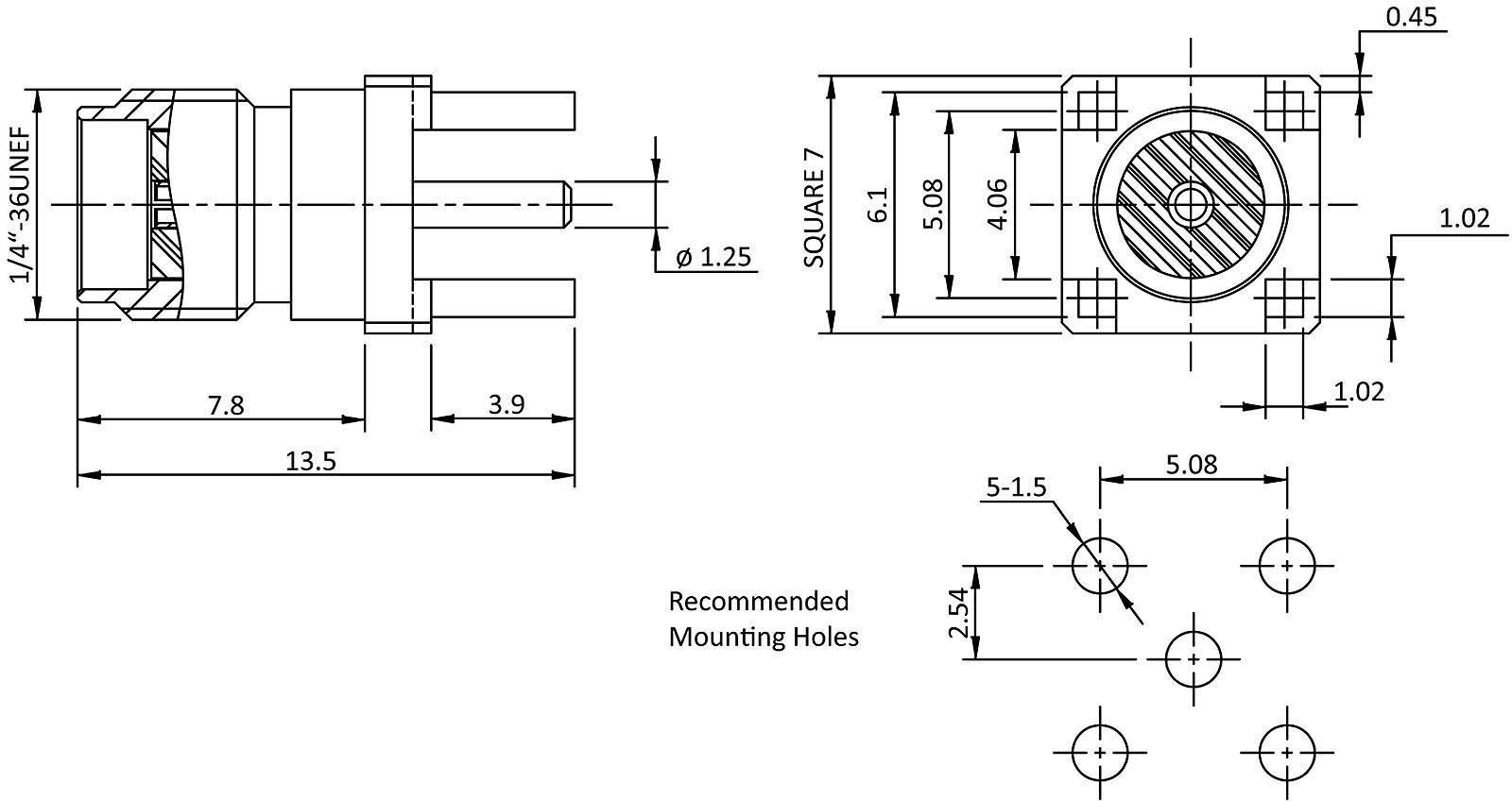 Dessin technique d'une prise avec des dimensions en millimètres, par exemple longueur 13,5 et diamètre 9,5. Trous de montage recommandés illustrés.