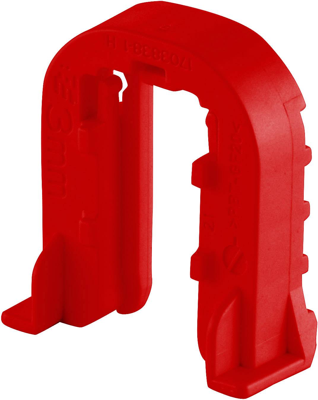 Un clip en plastique rouge utilisé pour fixer des composants ou des câbles. Il a une forme incurvée et des indicateurs de mesure.