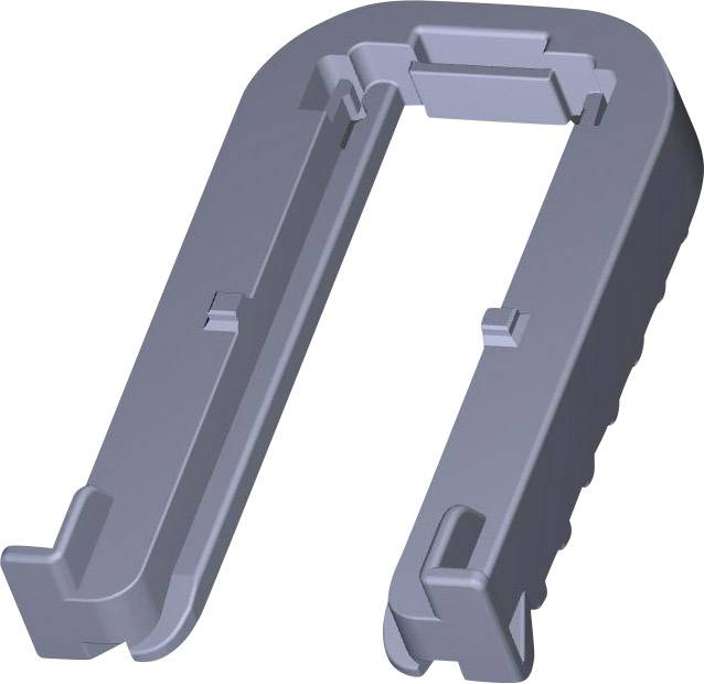 Un clip en plastique gris en forme de U pour la fixation de câbles, avec des encoches sur le bord intérieur.