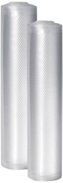 Deux rouleaux de plastique transparents pour l'emballage sous vide des aliments, placés verticalement côte à côte.