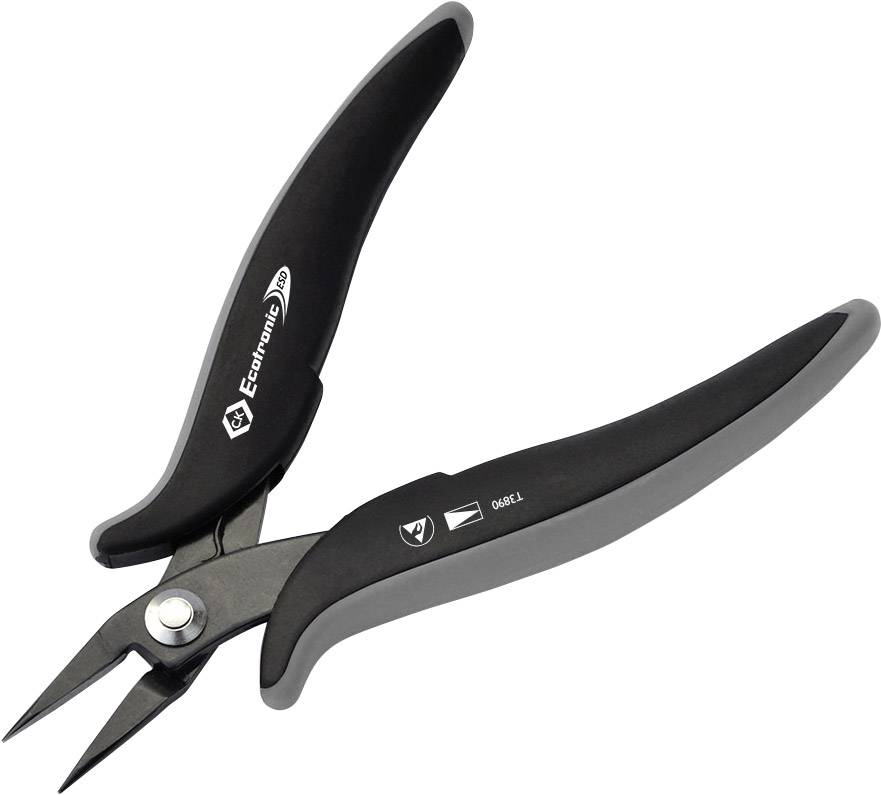 Une pince noire avec des lames tranchantes et pointues et des poignées ergonomiques, adaptée aux travaux de coupe précis en électronique.