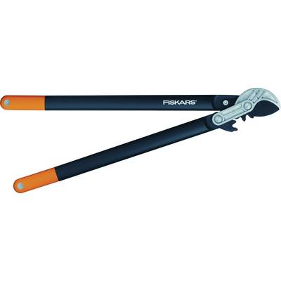 Sécateur avec des manches longs noirs et des extrémités oranges, de la marque 'Fiskars'. Conçu pour la coupe des branches et des rameaux.