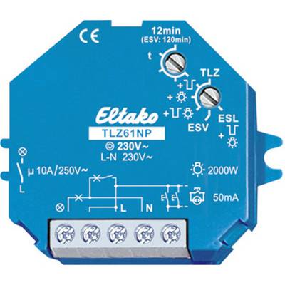 Relais électronique d'Eltako, modèle 'TLZ61NP'. Il présente des bornes de connexion, des spécifications de tension et de charge, ainsi que des symboles pour les instructions d'installation.