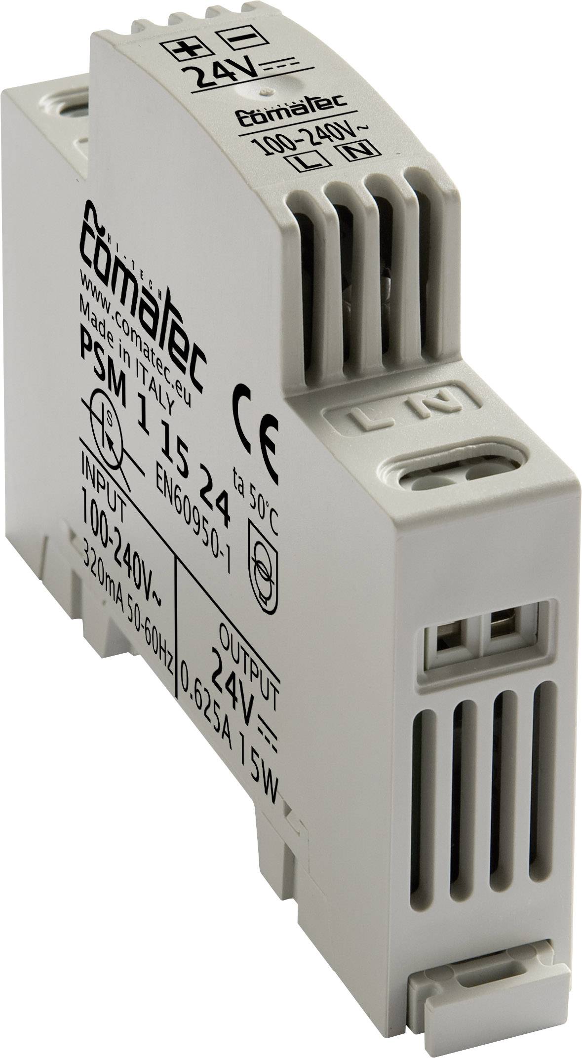 Adaptateur d'alimentation gris-blanc pour rail DIN avec inscription 'INPUT 100-240V' et 'OUTPUT 24V', adapté aux applications industrielles.