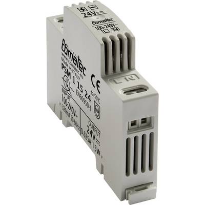 Adaptateur d'alimentation gris-blanc pour rail DIN avec inscription 'INPUT 100-240V' et 'OUTPUT 24V', adapté aux applications industrielles.