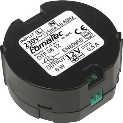 Transformateur de tension 'Cornaltec', Entrée : 230V, 135mA, 50-60Hz, Sortie : 12V, 0,5A, 6W. Boîtier noir rond avec des bornes de connexion vertes.