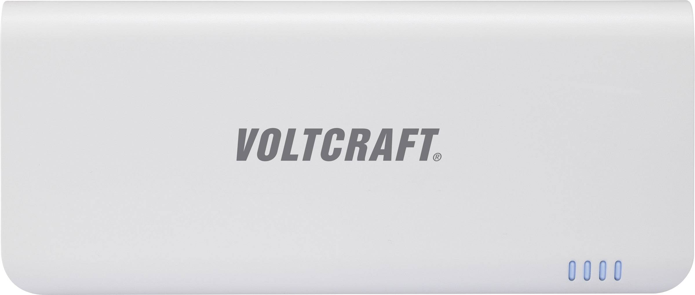 Une batterie externe blanche avec l'inscription 'Voltcraft' au centre et quatre voyants LED bleus dans le coin inférieur droit.