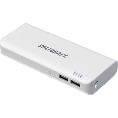 Un chargeur portable blanc portant l'inscription 'Voltcraft' avec deux ports USB à l'avant.