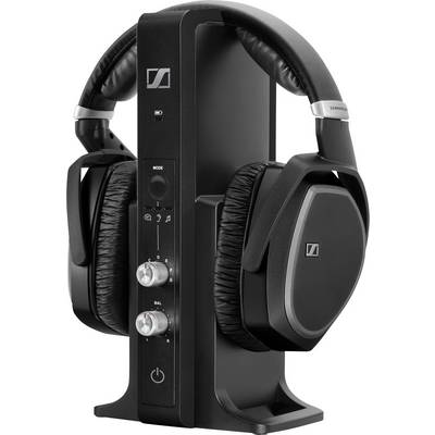 Casque sans fil avec station de charge, design noir avec logo de marque, deux boutons rotatifs argentés pour le contrôle à l'avant.