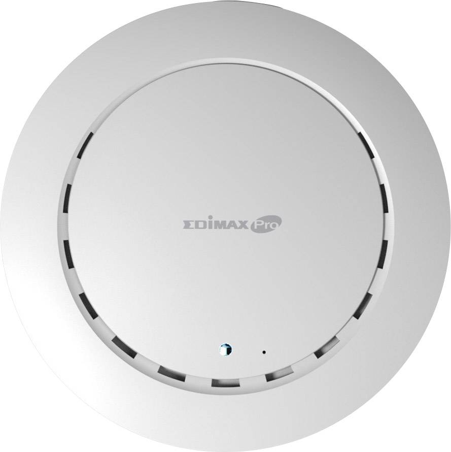 Un point d'accès Wi-Fi blanc et circulaire de la marque Edimax Pro, installé au plafond, avec un petit voyant bleu de statut.
