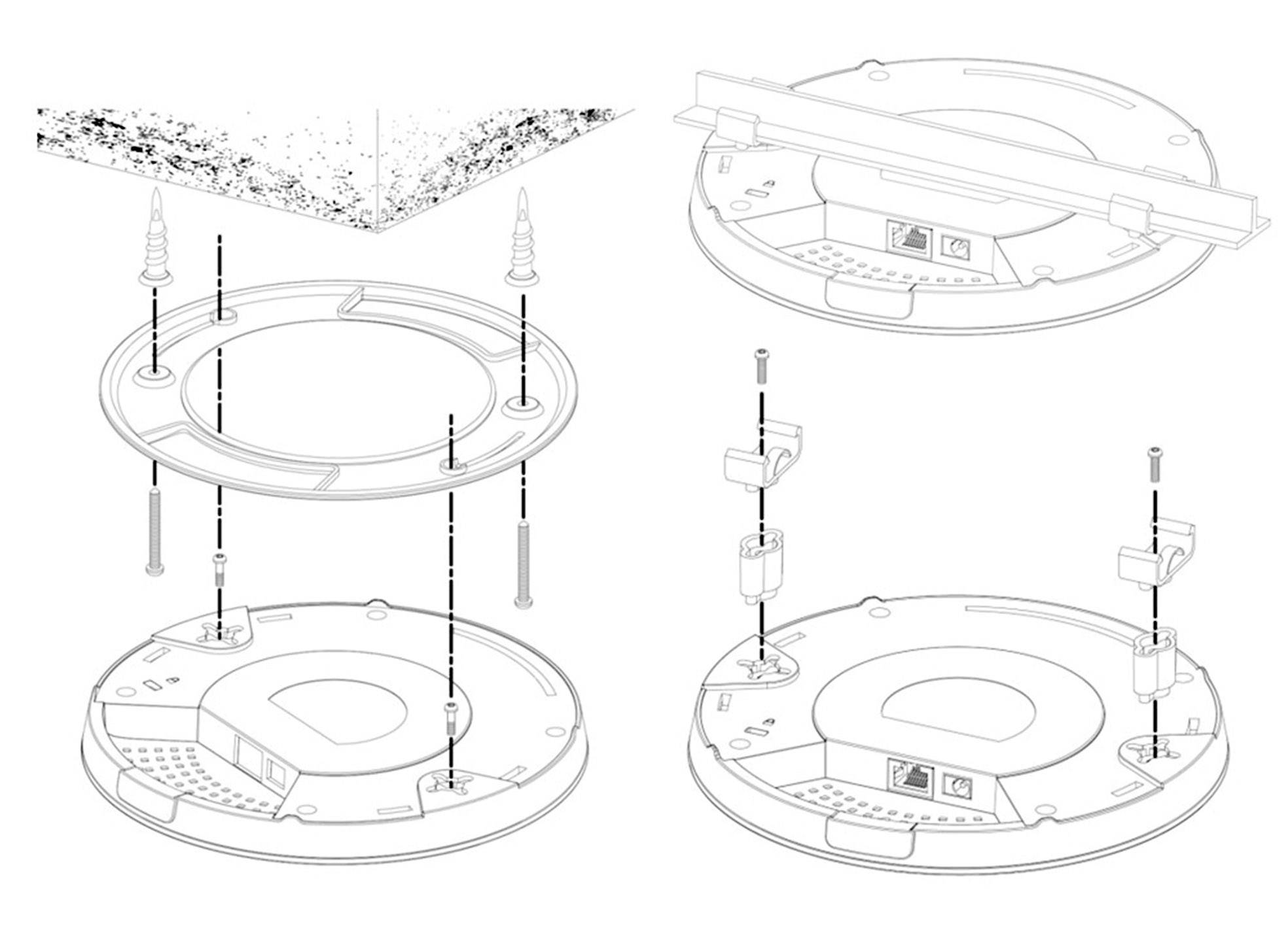 Vue éclatée d'une base ronde avec vis et fixations. Illustre les étapes de montage d'un élément d'angle avec une vue détaillée du processus.