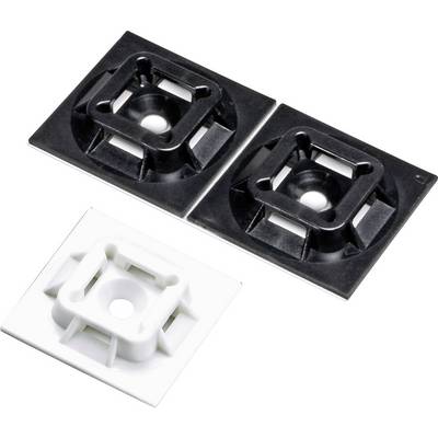 Deux supports de câbles noirs et un support blanc en plastique, de forme carrée, destinés à fixer des câbles sur des surfaces.