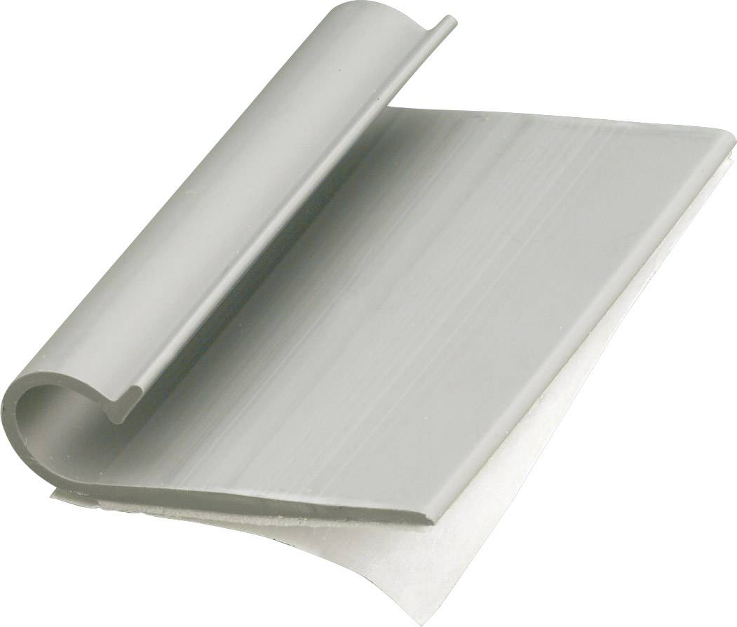 Un profilé en plastique gris avec un fond plat et un dessus bombé, agissant comme un profilé de protection de chant ou de finition.