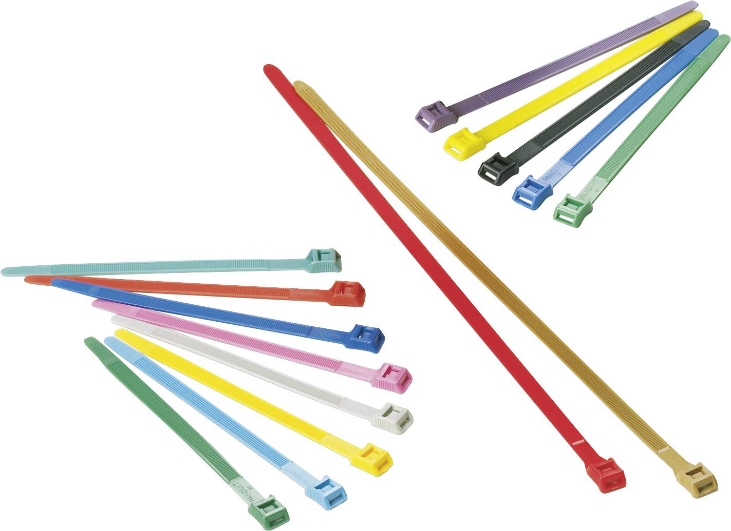 Des attaches de câble multicolores de différentes tailles et couleurs, incluant le rouge, le bleu, le jaune, le vert et le rose, sont posées sur un fond blanc.