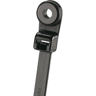 Un collier de serrage noir avec un trou de fixation intégré, adapté pour l'attache sur des structures ou des équipements.
