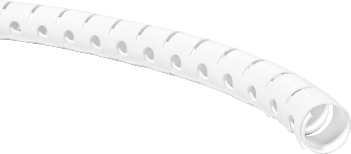 Goulotte de câbles blanche, flexible, avec des ouvertures latérales, utilisée pour regrouper et organiser les câbles.