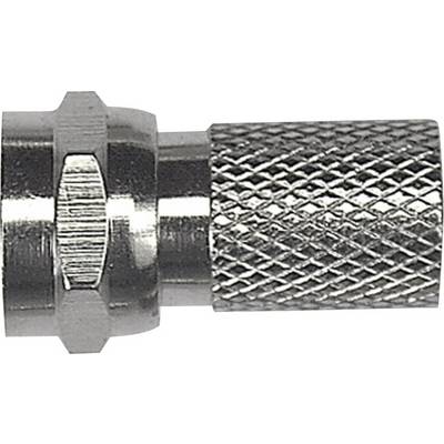 Gros plan sur un connecteur métallique argenté avec une poignée rainurée et un écrou hexagonal, couramment utilisé pour les connexions de câbles.