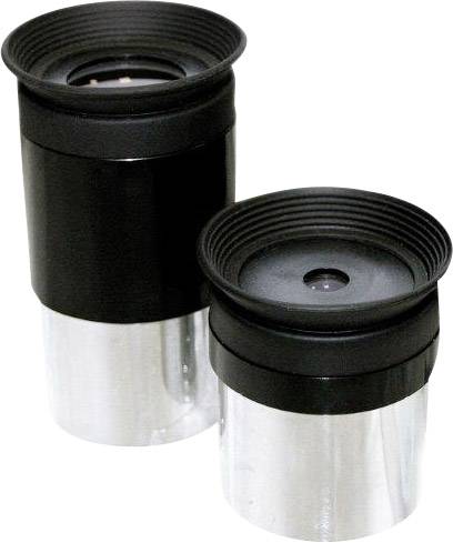 Deux oculaires de télescope de différentes tailles, en plastique noir et en métal, placés côte à côte.