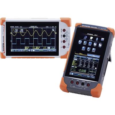 Deux oscilloscopes portables avec écrans : à gauche un affichage d'onde sinusoïdale, à droite un écran de menu avec différentes options.