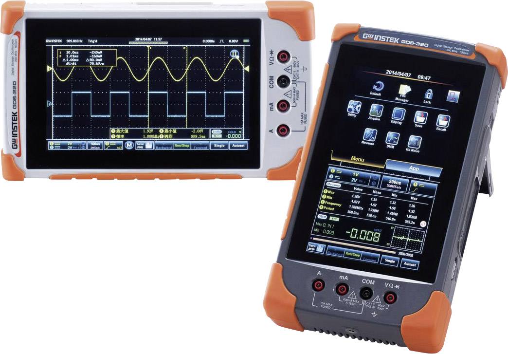 Un oscilloscope numérique et un multimètre pour mesurer les signaux électriques, avec des diagrammes et des données sur les écrans.