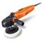 Une polisseuse électrique orange avec une poignée noire et un pad de polissage blanc, adaptée pour lisser les surfaces.