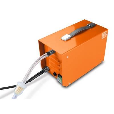 Appareil orange avec une poignée et des connexions, probablement une pompe ou un filtre. Un tuyau transparent en sort.