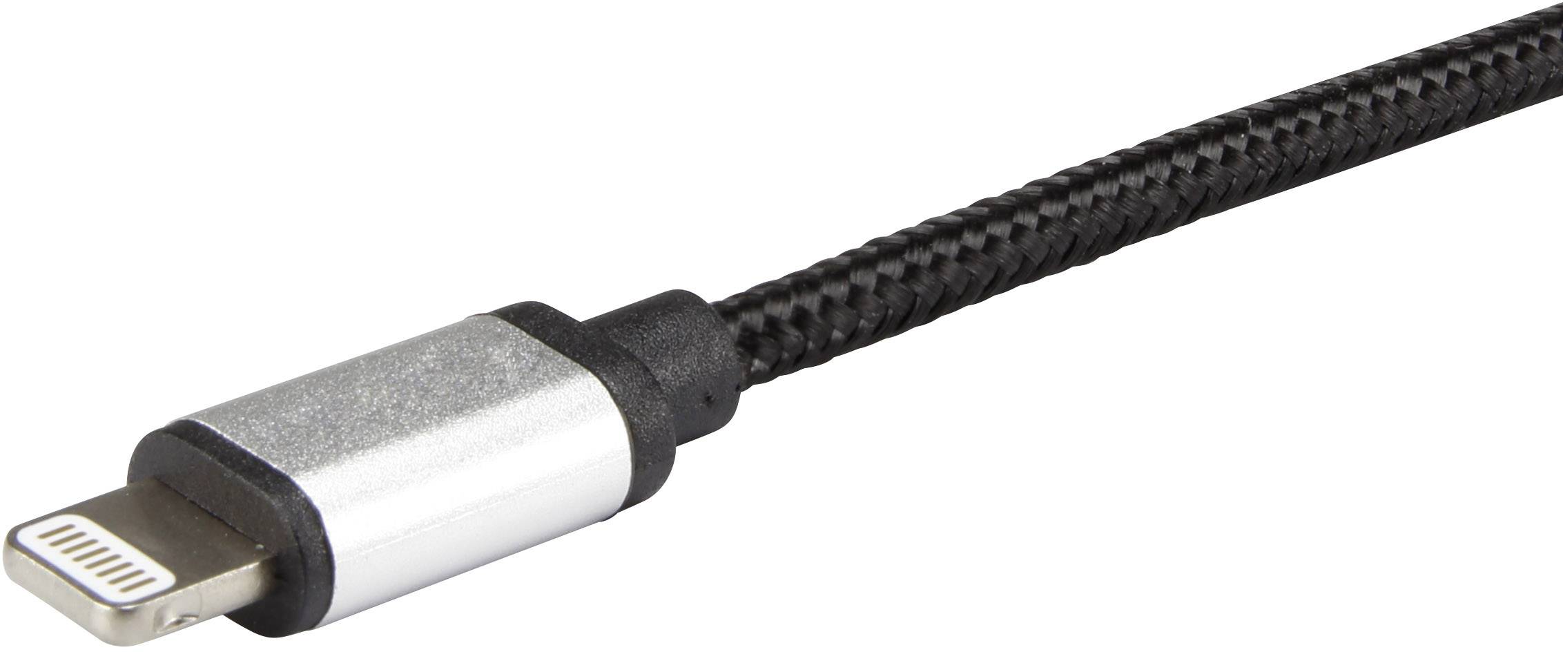 Un câble USB noir tressé avec connecteur argenté.