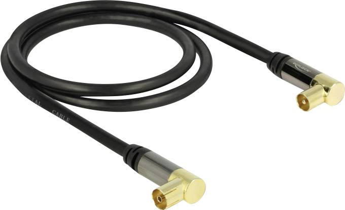 Câble coaxial noir avec deux fiches coudées dorées à ses extrémités.