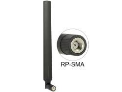 Une antenne noire avec connecteur RP-SMA est représentée. À droite, un gros plan du connecteur est illustré.