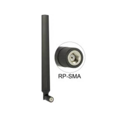 Une antenne noire avec connecteur RP-SMA est représentée. À droite, un gros plan du connecteur est illustré.