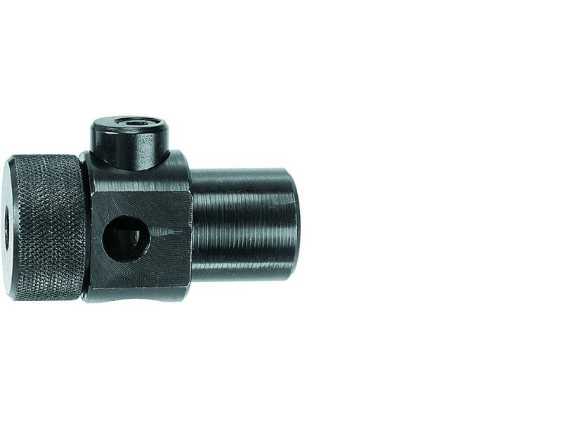 Une pièce métallique noire avec un corps cylindrique et une extrémité striée sur le côté gauche. Elle ressemble à un adaptateur ou à un connecteur mécanique.