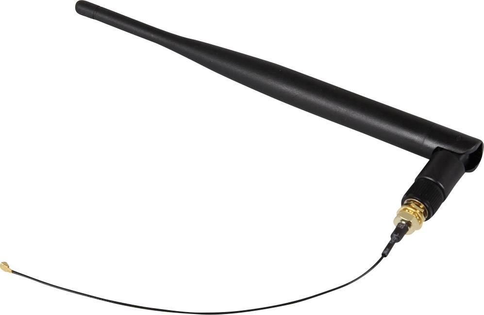 Une antenne noire, coudée, avec une fiche dorée et un câble fin, probablement destinée à des appareils radio ou Wi-Fi.