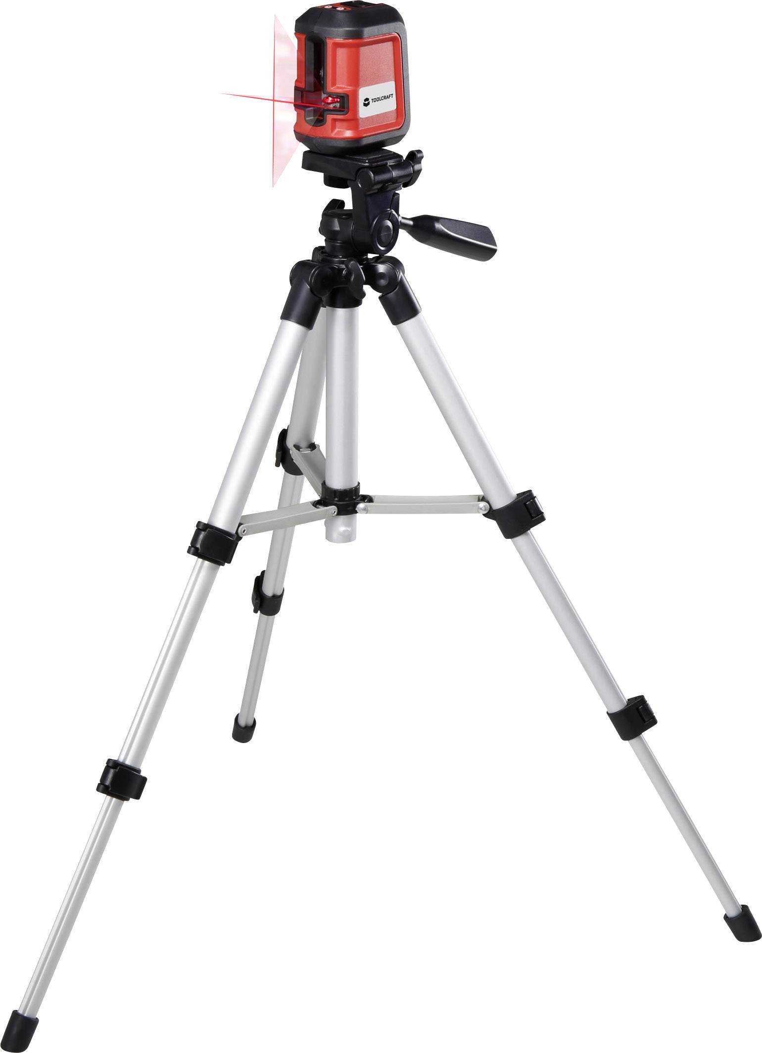 Un laser à lignes croisées rouge monté sur un trépied argenté projette des lignes horizontales et verticales. Idéal pour des travaux de positionnement précis.