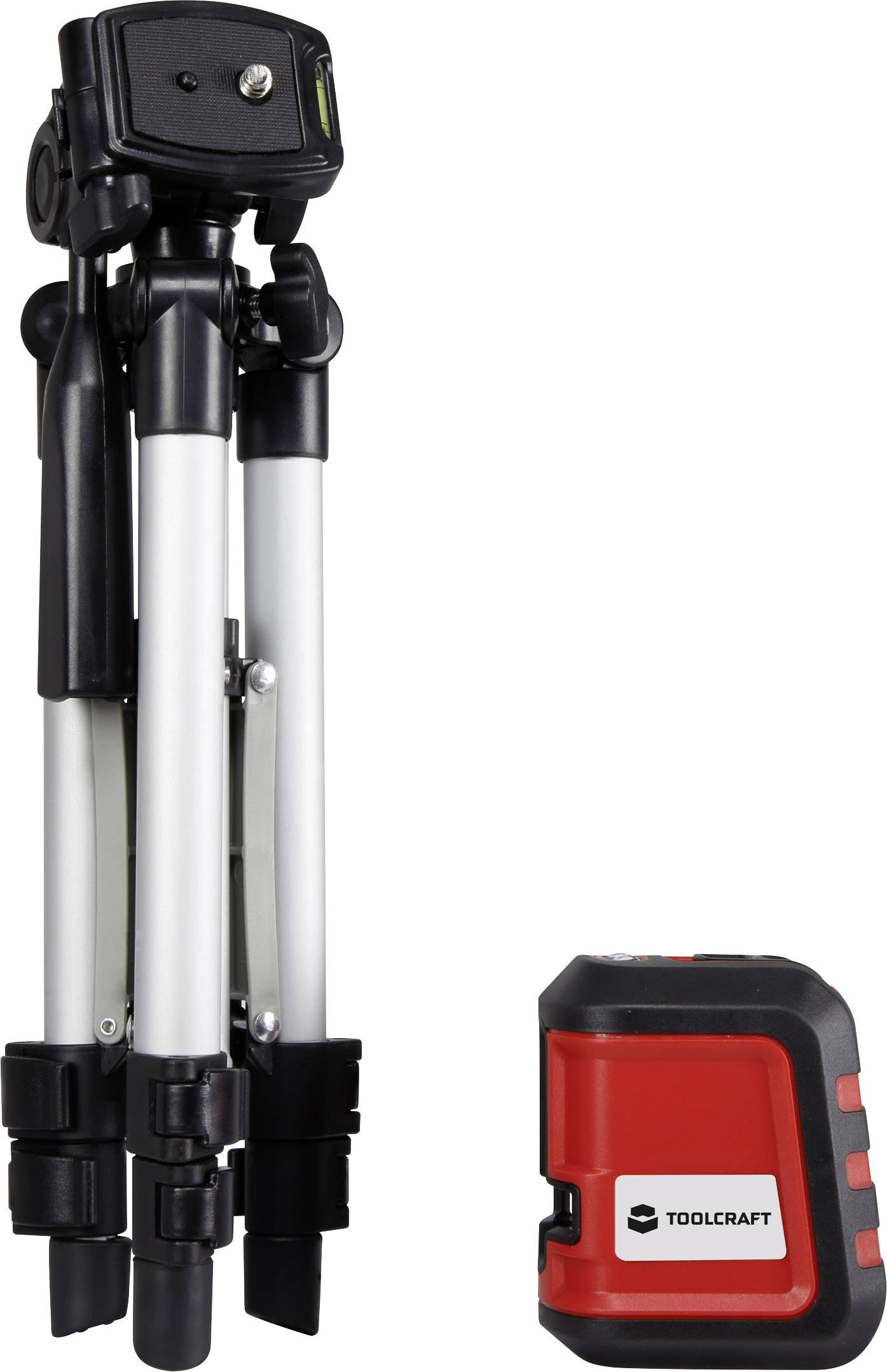 Trépied et outil laser de Toolcraft. Le trépied est replié, le laser est rouge et noir avec logo. Adapté pour les projets de construction.