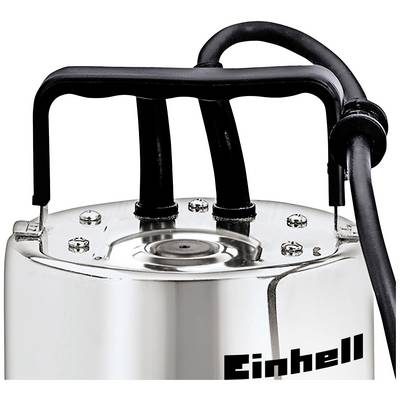 Une pompe argentée avec une poignée noire et des câbles, sur laquelle le nom de marque 'Einhell' est inscrit. Elle semble adaptée aux applications de pompage d'eau.