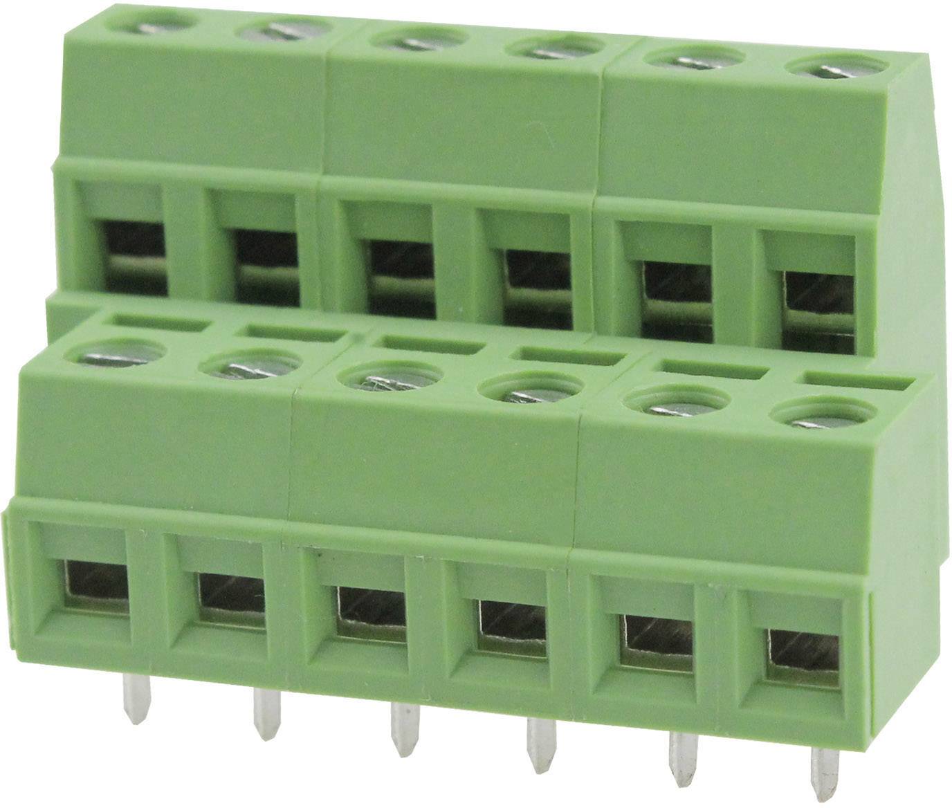 Connecteur multipolaire vert avec bornes à vis, destiné à la connexion de lignes électriques sur des circuits imprimés.