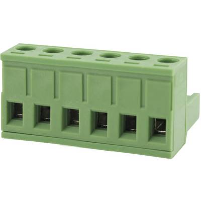Connecteur vert à cinq broches pour connexions électriques. Adapté aux applications industrielles ou électroniques.