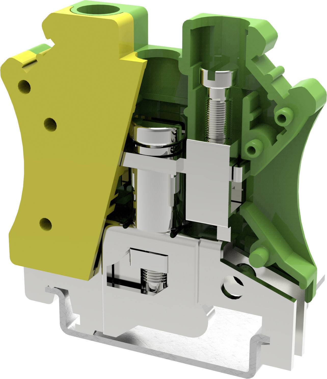 Une coupe transversale d'une borne de connexion verte et jaune montre les composants internes tels que les vis de serrage et les chemins de câblage.