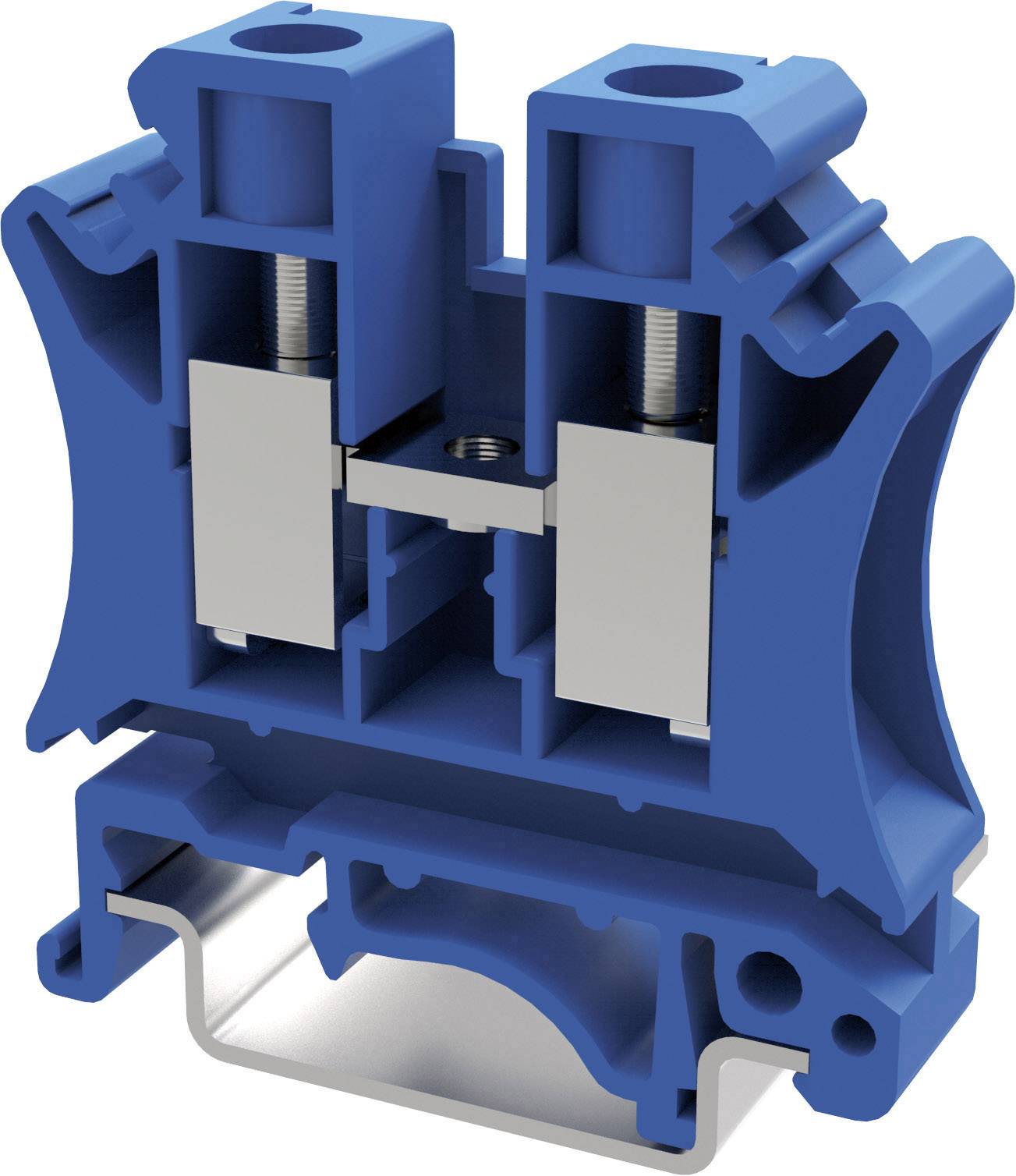 Un bloc de jonction électrique bleu monté, montrant une vue intérieure avec un mécanisme de serrage, pour la fixation de câbles électriques.