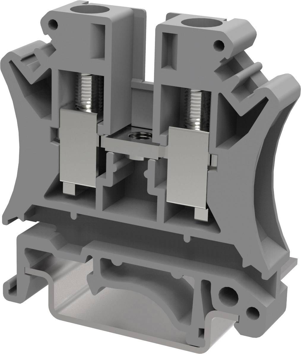 Bloc de raccordement électrique gris avec connexions à vis et design ouvert ; utilisé pour fixer les fils électriques.
