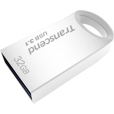 Clé USB Transcend, capacité de stockage de 32 Go, technologie USB 3.1, boîtier argenté avec un trou ovale pour suspension.