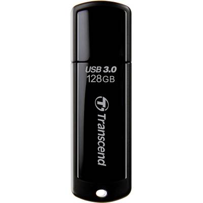 Clé USB noir avec l'inscription 'USB 3.0 128Go' et le logo 'Transcend'.