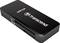 Un lecteur de cartes Transcend noir USB 3.0 avec des emplacements pour cartes SD et microSD, sur un fond blanc.