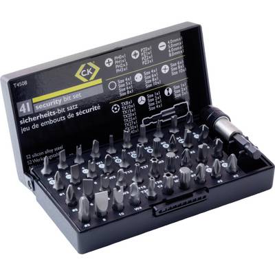 Boîte ouverte avec 41 embouts de sécurité et support d'embouts. Contient différents embouts à fente, cruciformes et Torx. Marque : C.K.